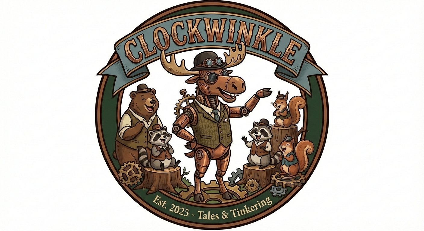 Clockwinkle — A clockwork moose surrounded by forest friends, with the tagline Tales & Tinkering, Est. 2025